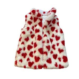 Max Studio Faux‎ Fur Vest Kids White Red Heart Sleeveless Jacket SIZE L 10/12